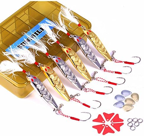 SUNMILE Zinc Alloy Environmental Spoons Hard Fishing Lure Kit With Blood Hooks And Jig Hooks for Salmon Bass Metal Fishing Lure Baits Pack Of 6pcs