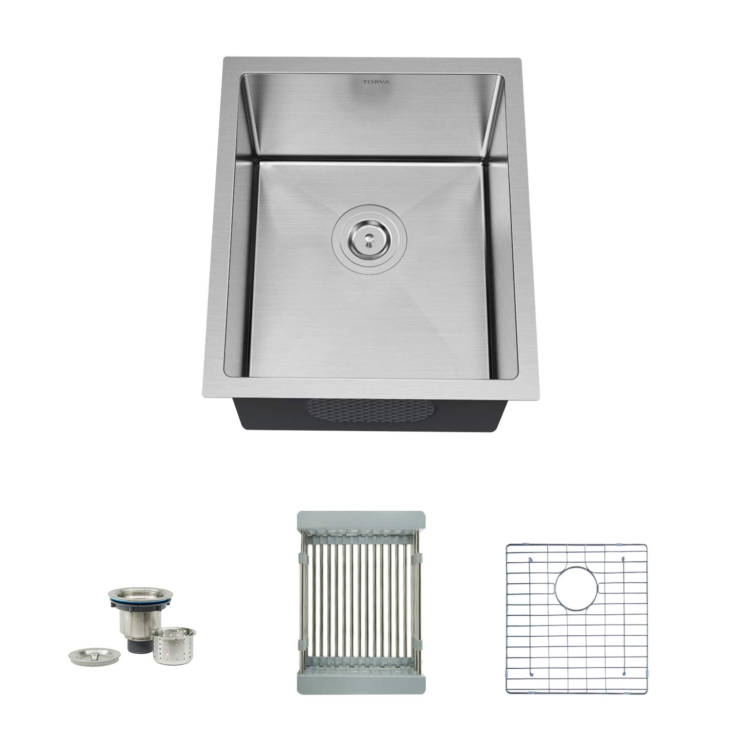TORVA 15" Undermount Stainless Steel Kitchen Sink 16 Gauge, Single Bowl Kitchen Sinks with Bottom Rinse Grid, Sliding Colander and Basket Drain Strainer Suit for 18" Cabinet in Kitchen/Bar/Prep