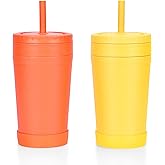 Homestockplus 10 Oz Wheat Straw Cup - Double Lid Leak-Proof Water Cup with Bite-Resistant Silicone Straw, BPA-Free Microwave/Dishwasher Safe, Multi-Use for Milk, Juice, Smoothies (Orange & Yellow)