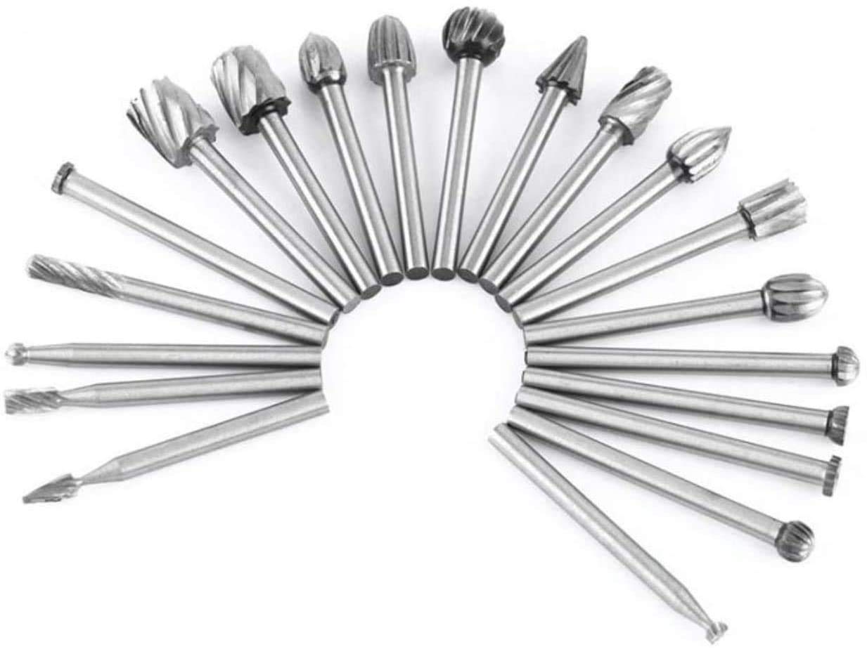 Tungsten Carbide HSS Rotary Burr Set - APlus 20pcs Wood Carving Drill Bits Set with 3mm 1/8 inch Shank for DIY Woodworking, Carving, Engraving, Drilling (Fit for Dremel)