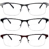 SOPHILY 3 Pack Bifocal Reading Glasses for Men Metal Half Frame Bi-focal Readers Clear Top Far/Near Dual-use Eyeglasses,Black/Brown/Gun metal, +2.00