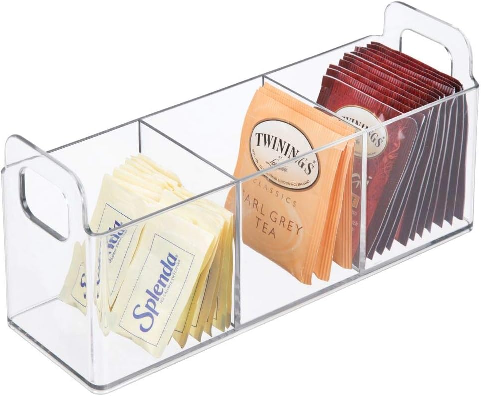 mDesign Plastic Kitchen Pantry, Cabinet, Countertop Storage Organizer - Divided Tea Caddy with Handles - Holds Beverage Supplies, Tea Bags, Sugar, Sweeteners, Individual Packets - 9" x 3" x 4" - Clear