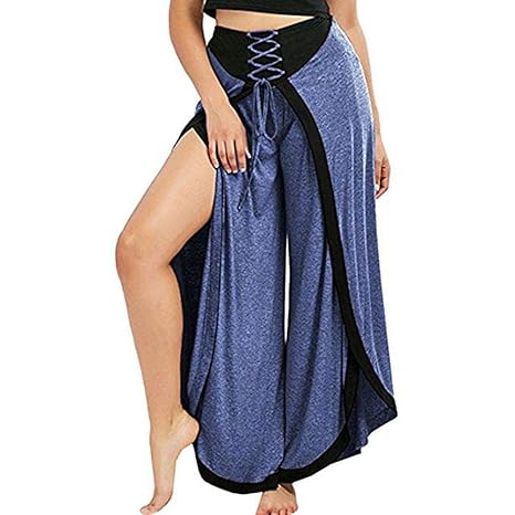 TianWlio Leggings Damen Frauen Sexy Hose mit Weitem Bein Schnüren Sich Lose Hohe Taille Palazzo Schlag Hose Dunkelgrau Lila G