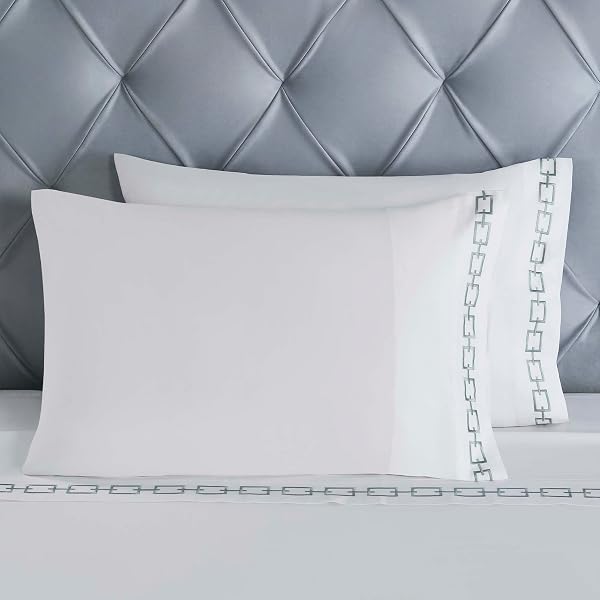 SUPERIOR EMBROIDERED COTTON BED SHEET SET, 1 ELASTIC DEEP POCKET FITTED SHEET, 1 FLAT SHEET, 1 PILLOWCASE, DAILY SOFT SHEETS, LUXURY, UNIQUE DESIGN, CHAIN LINKS COLLECTION, TWIN, WHITE-SILVER
