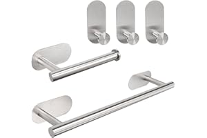TocTen 5 Pieces Self Adhesive Towel Bar Set, Stainless Steel Bathroom Hardware Set Include Towel Rack, Toilet Paper Holder, 3 Packs Towel Hook, No Drilling Sticky Bathroom Accessory Kit(Brush Nickel)