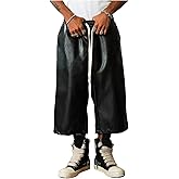 GORGLITTER Men's Faux Leather Shorts Y2k Hip Hop Capris Wide Leg Bermuda Shorts with Pockets Streetwear