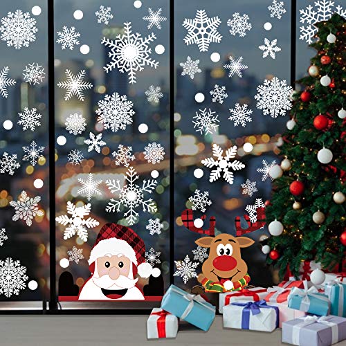 300 PCS 8 Sheet Christmas Snowflake Window Clings Stickers, Xmas Decals Decorations Snowflake Santa Claus Reindeer Decals for Glass Window Door Holiday Party Supplies