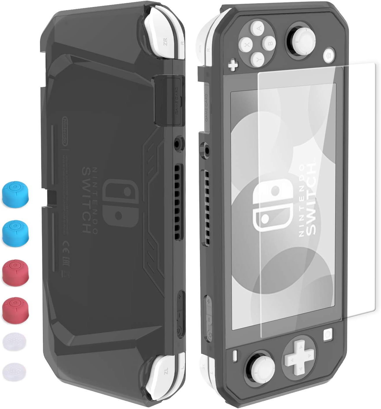 HEYSTOP Case for Nintendo Switch Lite, with Tempered Glass Screen Protector and 6 Thumb Grip, TPU Protective Cover for Switch Lite with Anti-Scratch/Anti-Dust (Gray)
