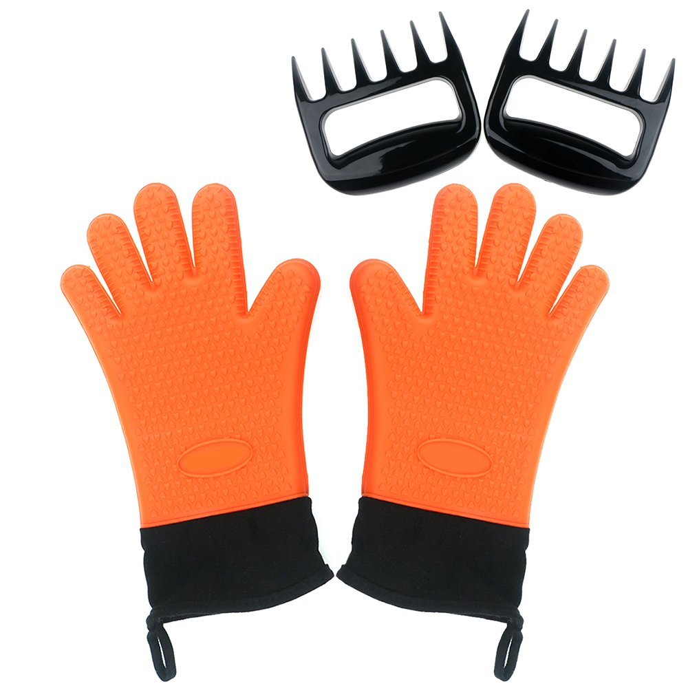 ProCIV Barbecue Gloves & Pulled Pork Claws Set-Silicone Heat Resistant Grilling Gloves(Waterproof Non-slip Extra Forearm Protection-Cotton Lining)+2 x Meat Claws for kitchen Cooking Outdoor Barbecue