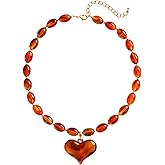 Amber Acrylic Chunky Heart Penadnt Necklace for Women Exaggerated Statement Puff Heart Choker Necklace
