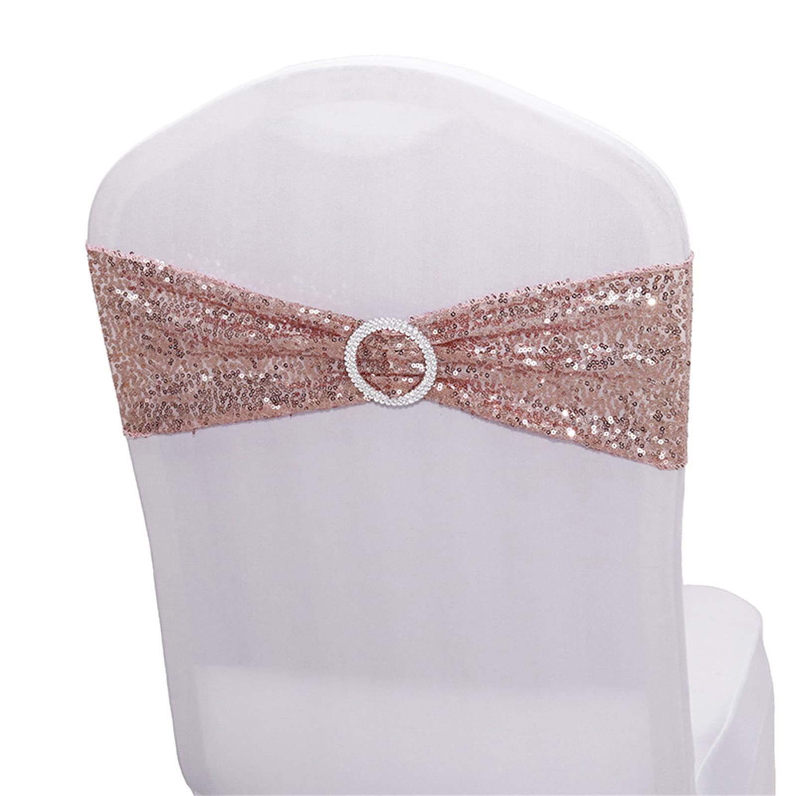 Photo 1 of Dimatic 50 PCS Stretch Sequin Chair Sashes Chair Stretchy Spandex Bands for Wedding Reception Events Banquets Chairs Decoration (Rose Gold)