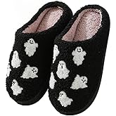 GEBUFAW Halloween Slippers for Women Retro Soft Cozy Comfy Plush Lightweight Slip-on Indoor Outdoor Anti-Skid Sole Christmas House Shoes