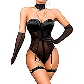 Kaei&Shi Exotic Strappy Garter Lingerie Set,Sheer Mesh Underwire Sexy Corset Lingeries Women,One Piece Strapless Bodysuit
