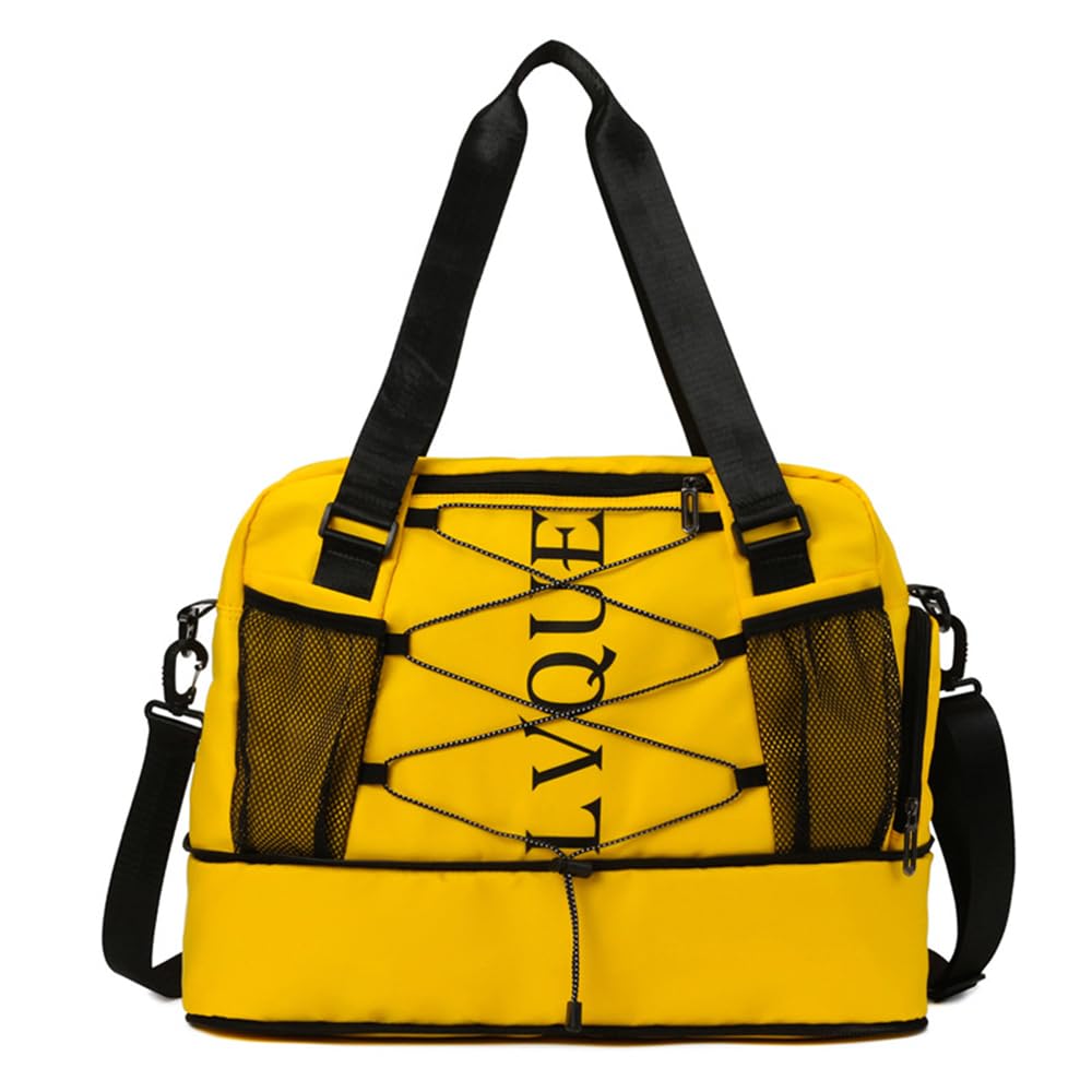 Vllcsla Sports Yellow Travel Gym Duffle Bag - 25L Expandable, Small with 34L Capacity, Ladies Travel Overnight Weekend Bag with Shoe Compartment, Wet Pocket, Padded Shoulder Strap