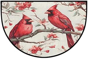 PAXLFCXF Cardinals Red Bird Half Round Door Mat Doormat Peach Blossom Semi Circle Area Rug Non Slip Outdoor Indoor Entrance H