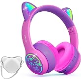 IFECCO Kids Bluetooth Headphones with Case,Cute LED Light Up Cat Ears | Children Girls Wireless Headphones,for School Travel Gifts,Volume-limiting,with Mic,for 3-14Years