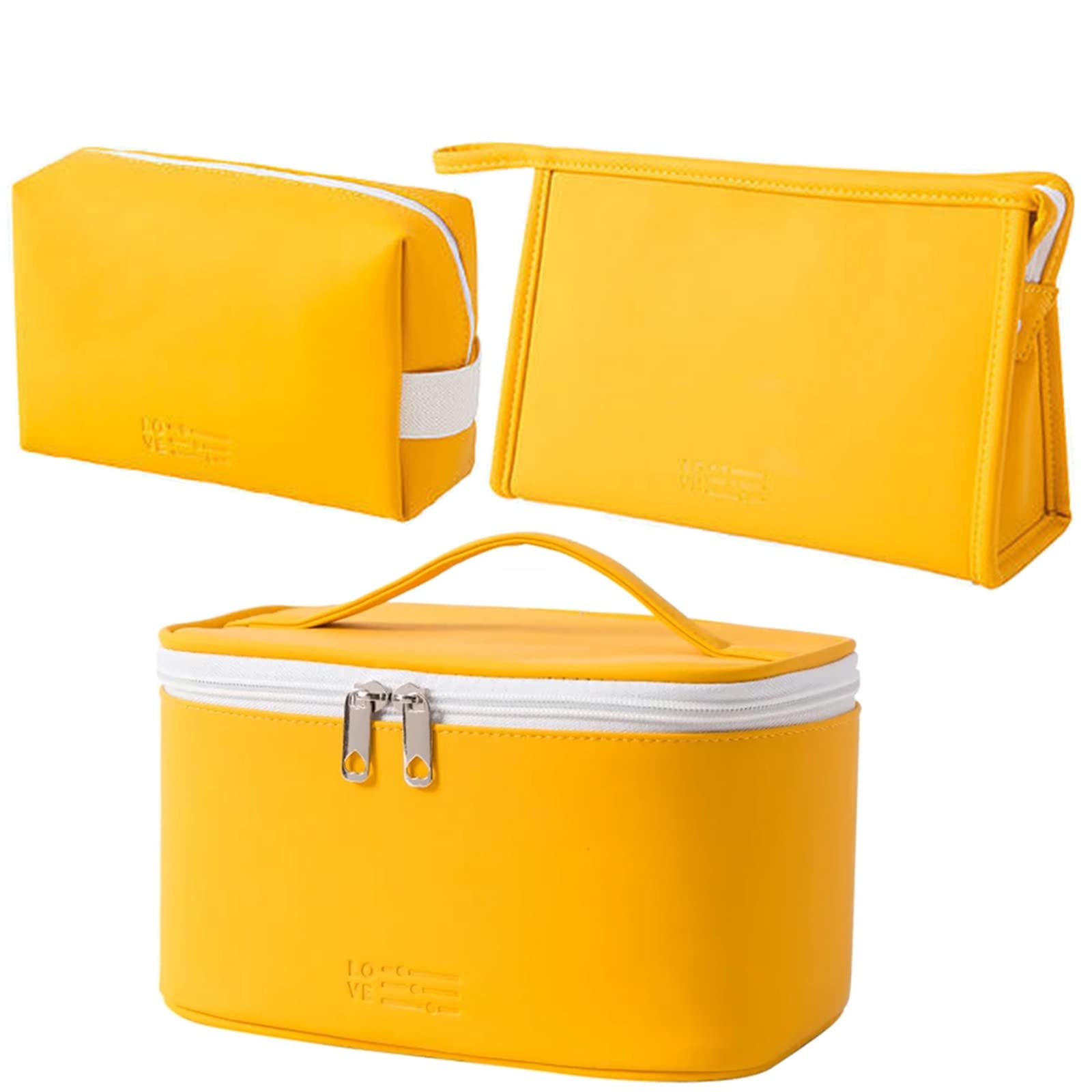 Photo 1 of AUSEKALY Makeup Bag Cosmetic Bag Sets 3 Pcs For Women Travel Toiletry Bag Cute Large Make Up Bag With Brush Bag + Small Cosmetic Pouch Yellow White
