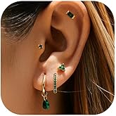 LOFITOR 5 Pairs Sterling Silver Post Stud Hoop Earrings Set Dainty 14k Gold Plated Earrings for Women S925 Green CZ Cartilage Stud Huggie Earring for Multiple Piercing Small Earring Stacks