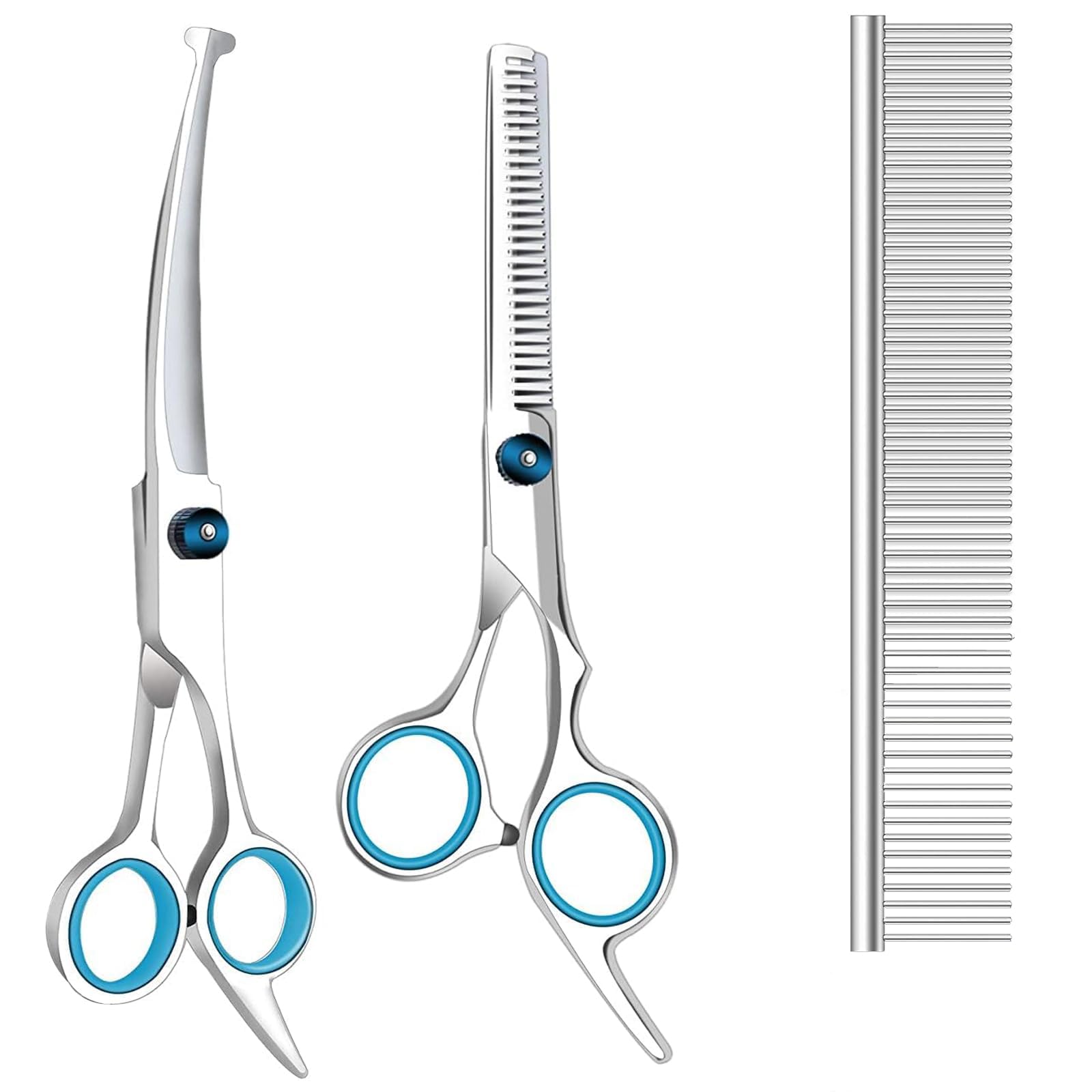 EVERESTA Dog Grooming Scissors with Safety Round Tips, Heavy Duty Titanium Pet Grooming Trimmer Kit, Professional Thinning Shears, Straight Scissors with Comb for Dogs and Cats (Set of 3)