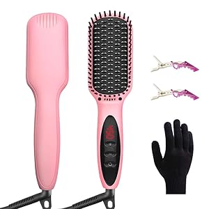 Hair Straightening Brush, JUMPHIGH Ceramic Ionic Hair Straightener Brush Straightening Heated Brush Hot Comb with Auto Temperature Lock and Auto-Off Function, Fast Heating, Anti-Scald (Pink)