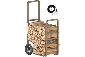 Ardier Easy-Assembly Firewood Cart, Rolling Log Carrier for Outdoor & Indoor Use, Wood Rack Storage Mover for Fireplace & Fire Pit, Heavy-Duty Steel Log Dolly Hauler with Rubber Wheels, Brown