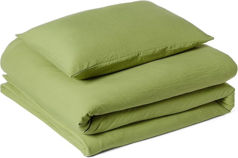 Conjunto de Capa de Edredão para cama 80/90 em microfibra pré-lavada, extra macia com efeito natural de amassamento, capa de edredão 135 x 200 cm e 1 fronha de 50 x 80 cm, verde