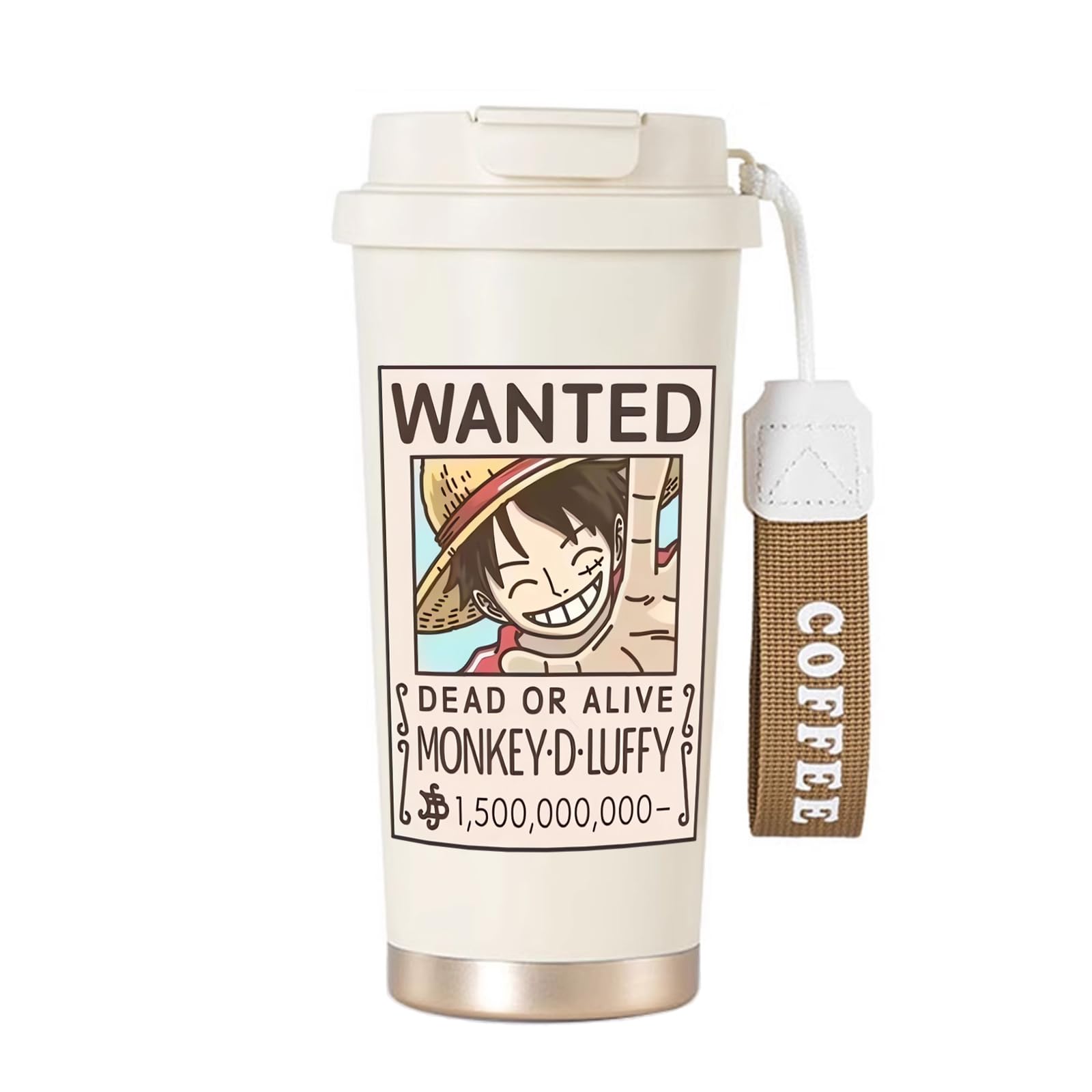 View 1 of **Cup is blank no design** 18oz One Piece Anime Wanted Poster Travel Tumbler Lid and Straw, Insulated Coffee Mug with Strap, Stainless Steel Water Bottle for Home School Party Camping Office or Car