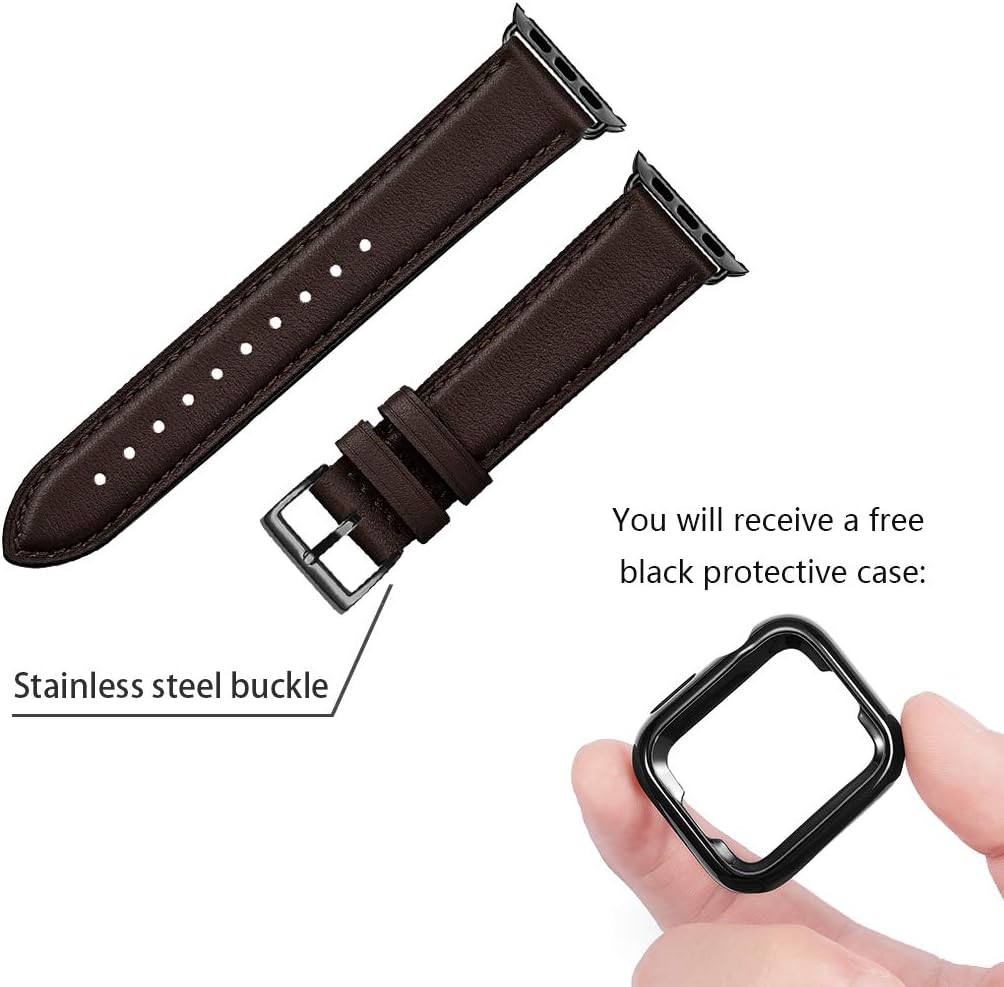 SUNFWR Leather Straps for Apple Watch Straps 44mm 45mm 49mm 46mm(Series 11 10) 42mm(Series 1 2 3),Men Women Replacement Genuine Leather Strap for iWatch Series Ultra 11 10 9 8 7 6 5 4/SE,Cofee/Black - Image 3