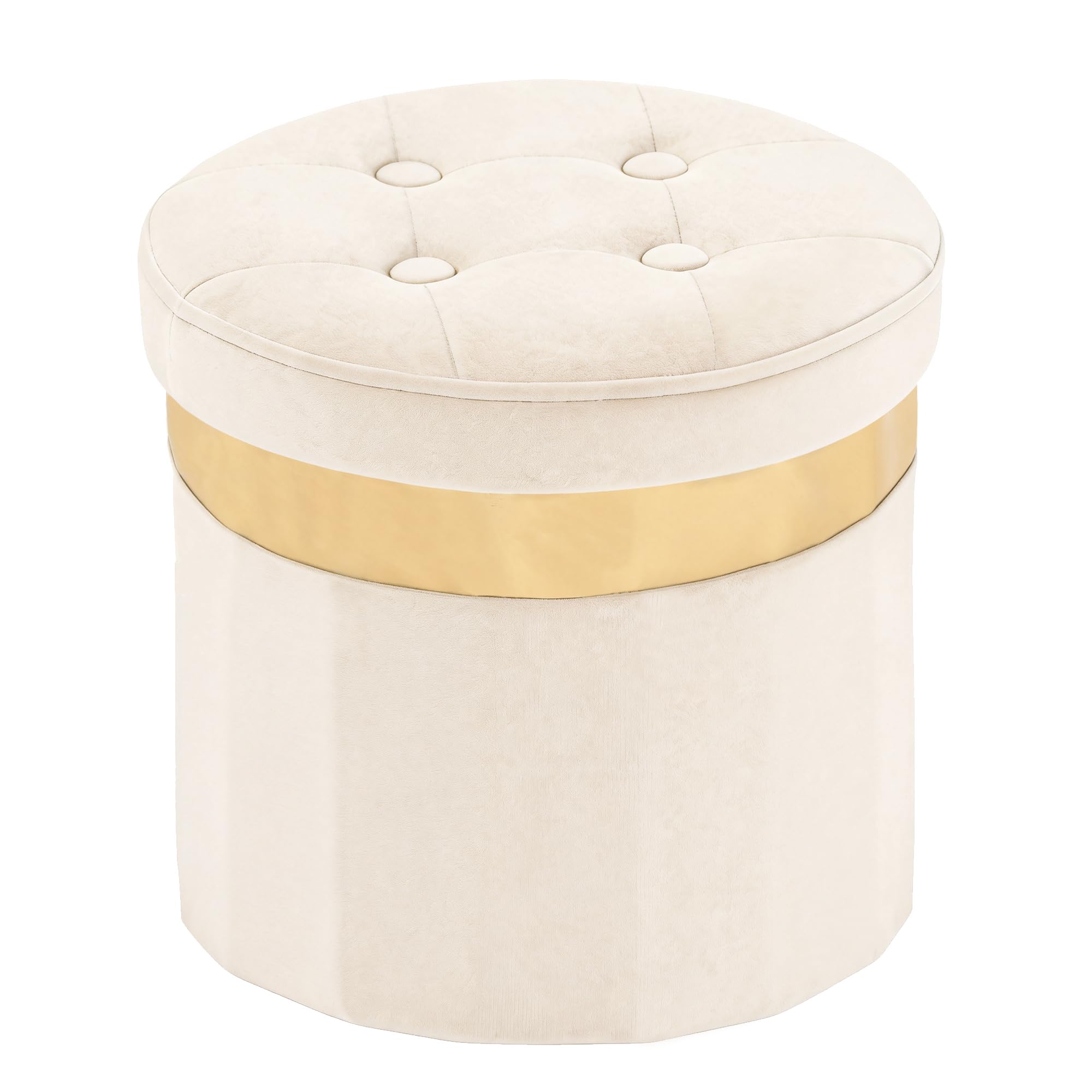 Photo 1 of xuperbonus Small Ottoman with Storage,Folding Round Ottoman with Gold Trim,Velvet Storage Stool,Foot Stool with Soft Padded,Foot Rest for Living Room13“x13”x12.4(Beige,1pcs)