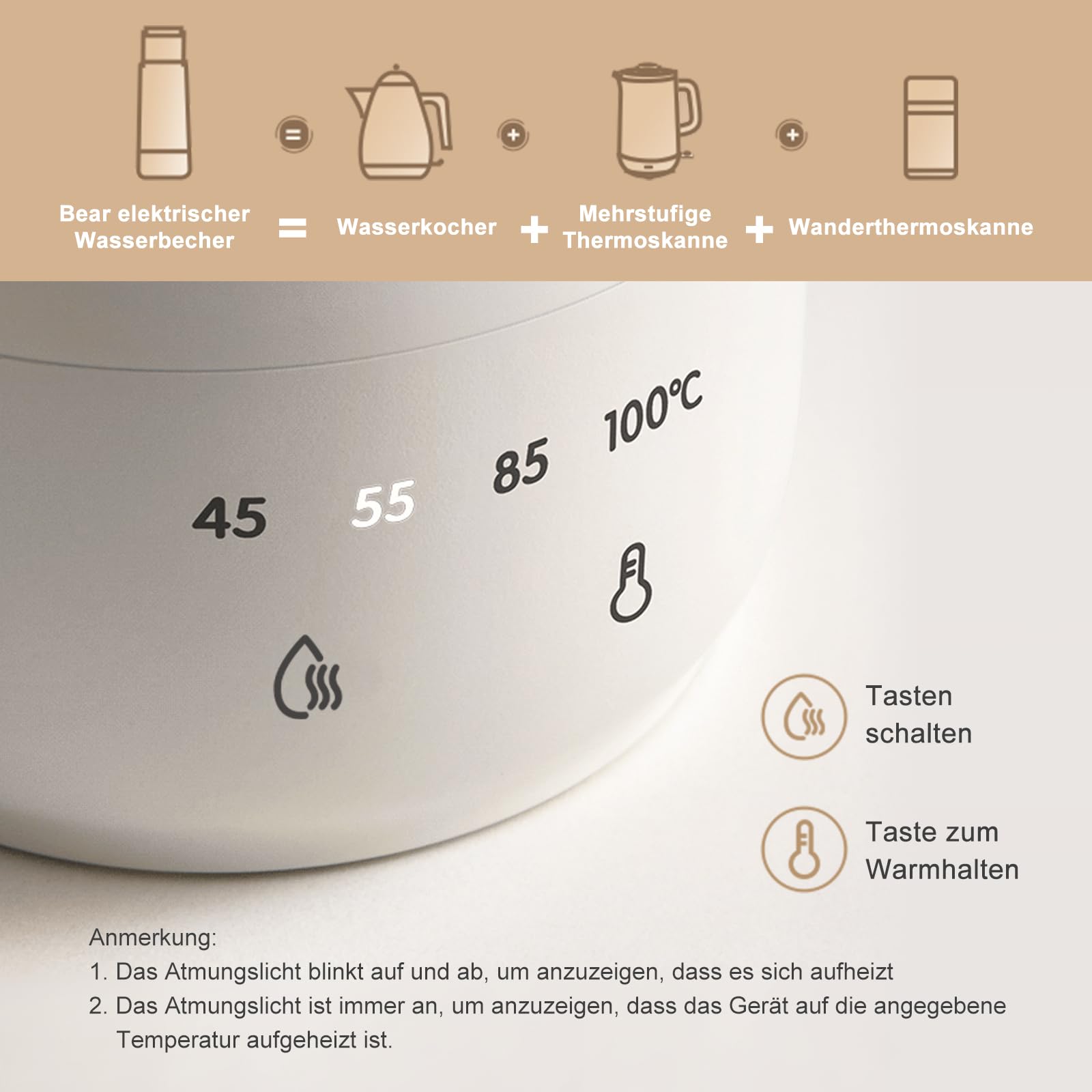 Bear 300ml elektrischer Wasserkocher, 3-in-1 Reise-elektrischer Wasserkocher, Doppelschicht 304 Edelstahlliner, tragbarer kleiner schneller Heizungsisolierungsbecher(Doppeltaste) 4
