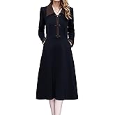 LAI MENG FIVE CATS Women's Vintage V-Neck Midi Dresses with Pockets Collared Long Sleeve Black Dress