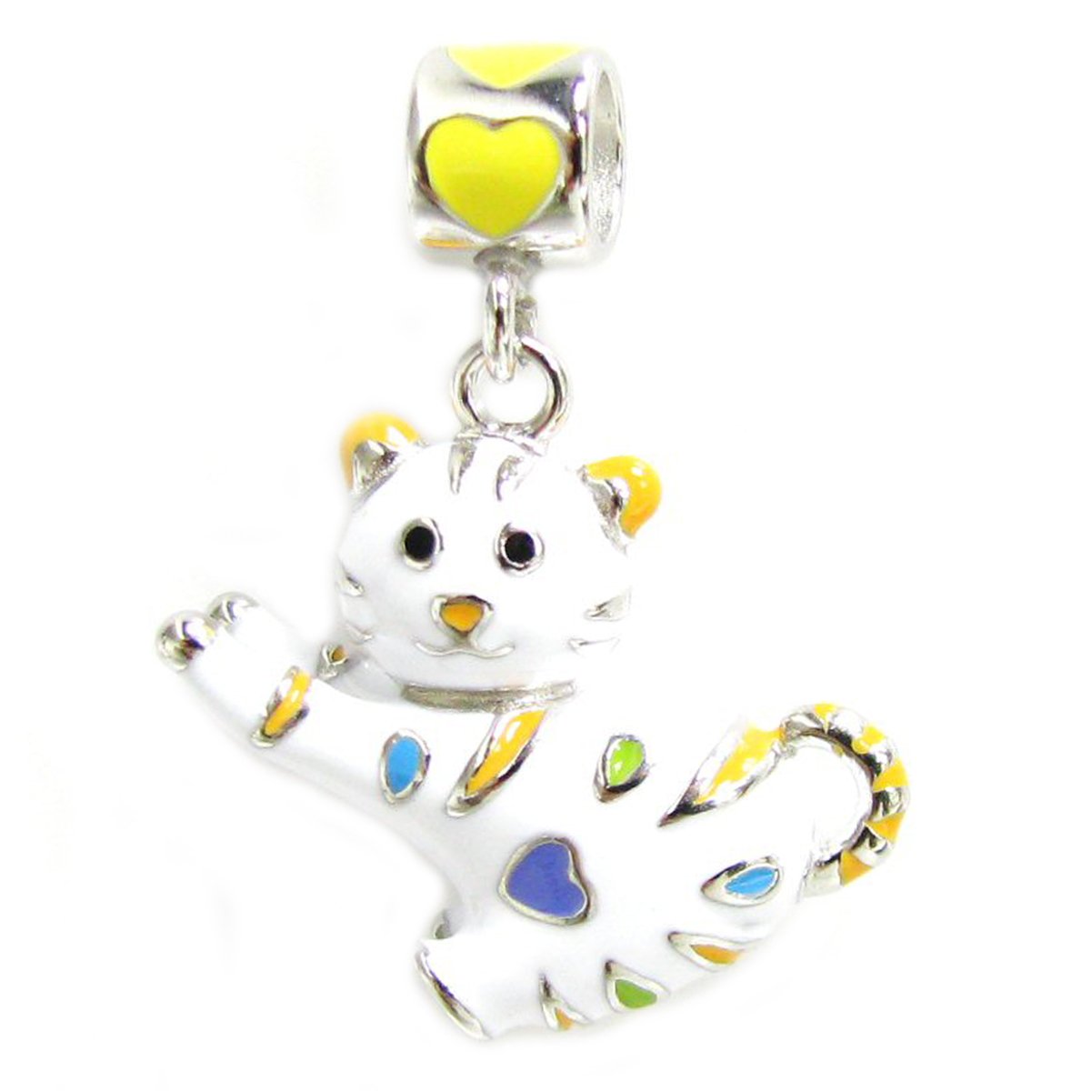Queenberry Sterling Silver 3-D White Cat Enamel European Style Dangle Bead Charm