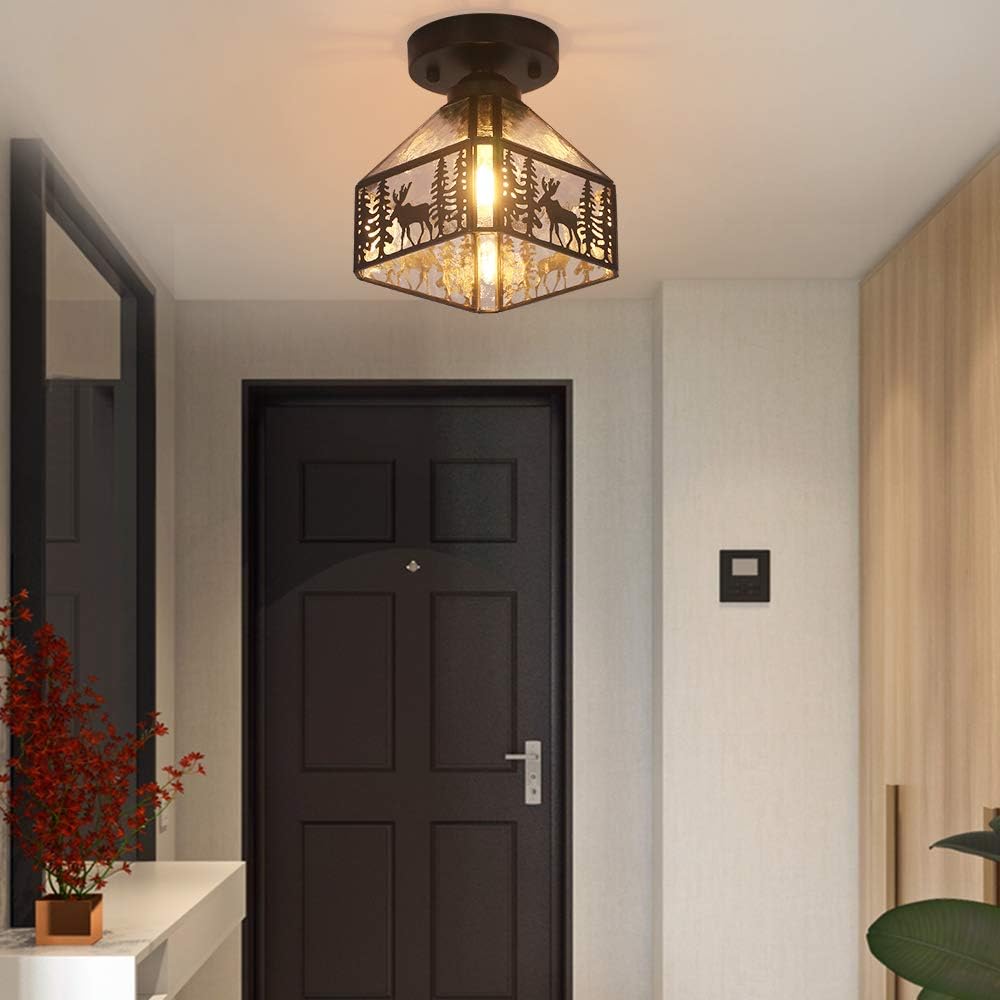 FUNME Copper Deer Ceiling Light with Stone Grain Glass Ceiling lamp Shade for Corridor Aisle Staircase Entrance, 8''(Black) - - 