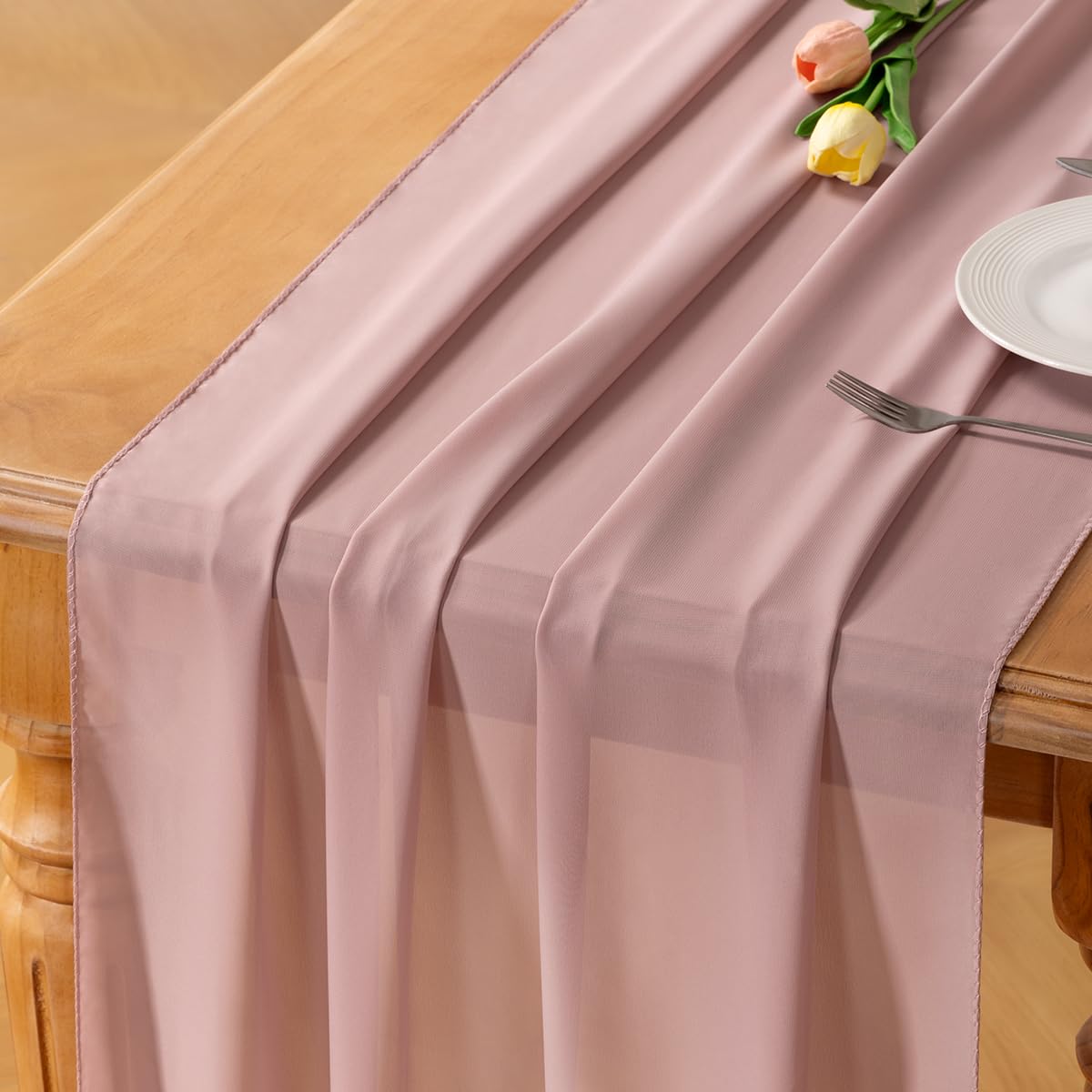 Socomi 10ft Dusty Rose Chiffon Table Runner 29x120 Inches Romantic Wedding Runner Sheer Bridal Party Decorations
