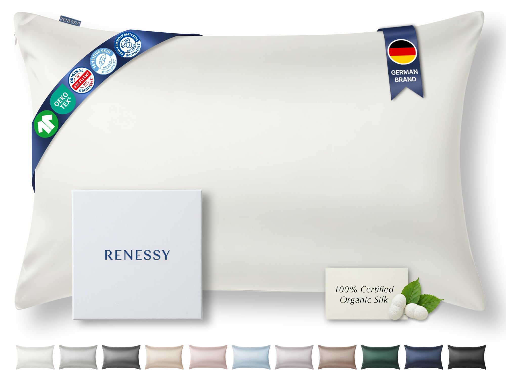 RENESSY Premium Silk Pillowcase 100% Organic Mulberry Silk, 22 Momme, Grade 6A - Oeko-Tex Certified in Germany - Luxury for Hair & Skin, 1 Piece (Standard 50x75 cm, Natural Silk Off-White)