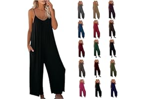 yardsong Jumpsuits for Women Casual Loose Fit Sleeveless Rompers Spaghetti Strap Wide Leg Vacation Overalls with Pockets