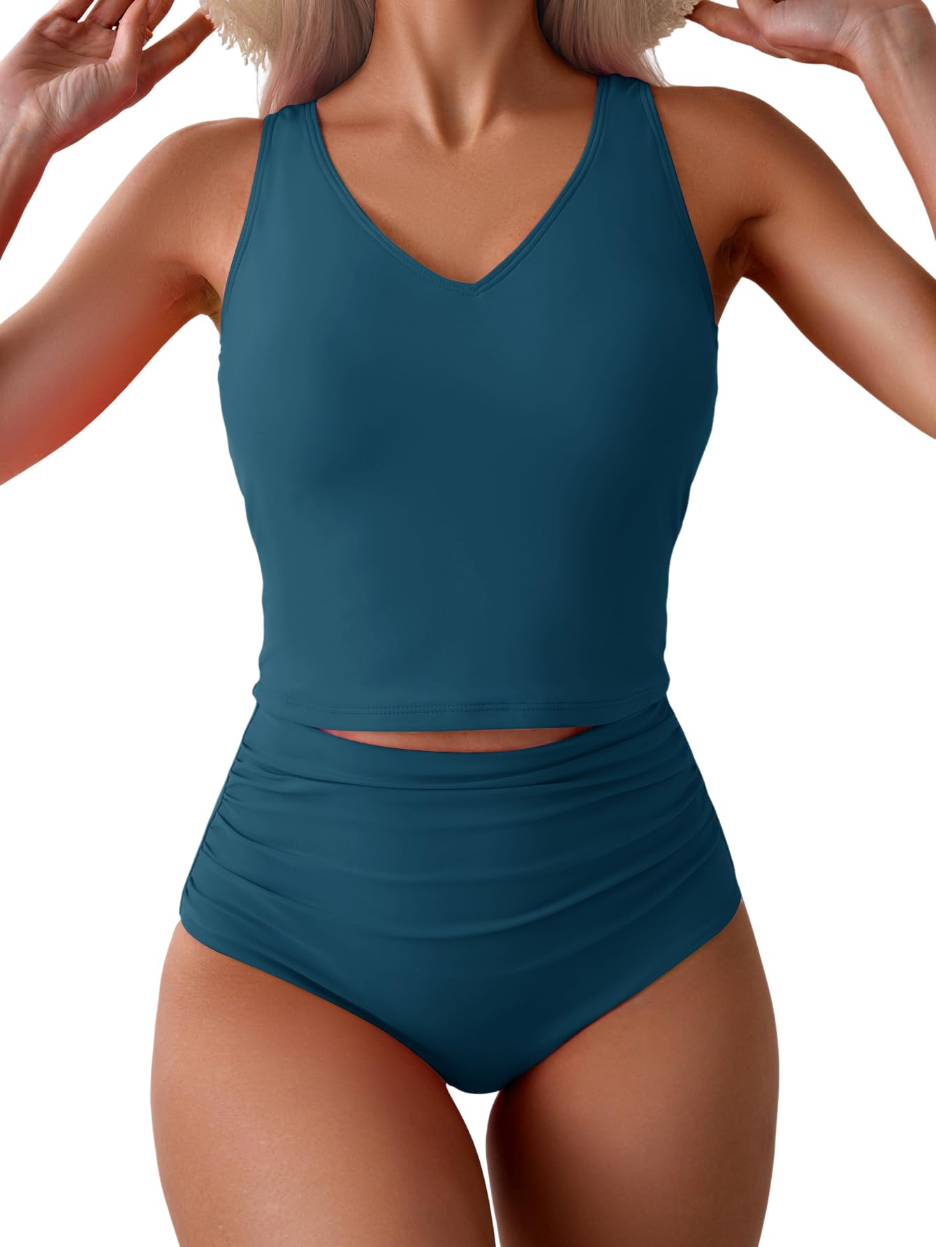 Photo 1 of Eomenie Two Piece Tankini Swimsuit for Women Tummy Control Bathing Suits Cutout Back Swim Tank Top with High Waisted Bottom Dark Green