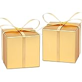 Hooqict 100 Pack Party Favor Boxes Gold Gift Boxes 2x2x2 inches Candy Boxes Small Cardboard Gift Boxes with Lids and Ribbons Mini Present Boxes for Wedding Favors Birthday Gift Wrapping Tea Party