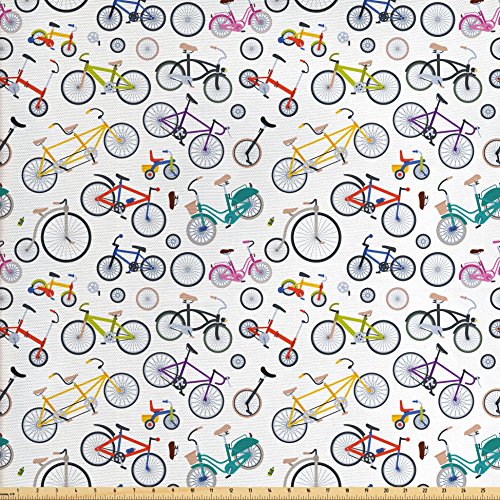 Ambesonne Bicycle Fabric by the Yard, Retro Style Colorful Bicycles of All Styles and for All Age Gr