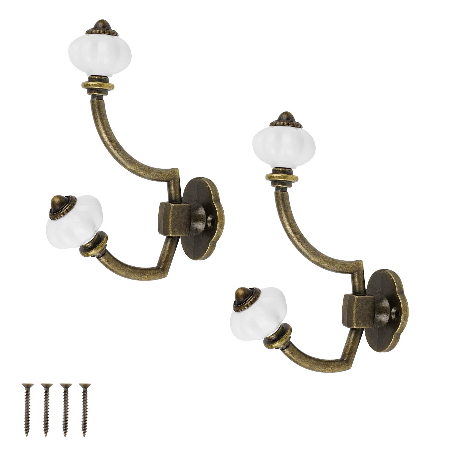 WJUAN 2 Pcs Retro Coat Hooks, 14 x 9.5 cm Vintage Wall Hooks, Wall Mounted with 4 Screws, Material Zinc Alloy and Ceramic, Bronze Colour Rustic