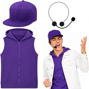 Purple Pop Star Costume Set for Men Singer Rapper Outfit Accessories Baseball Cap Microphone Hoodie Vest for Halloween Party