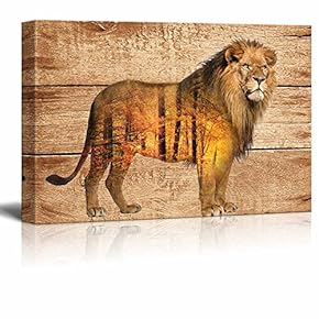 Double Exposure Rustic Canvas Wall Art - Lion in The Wild on Vintage Wood Background - Giclee Print Modern Wall Art | Stretched Gallery Wrap Ready to Hang - 12x18 inches