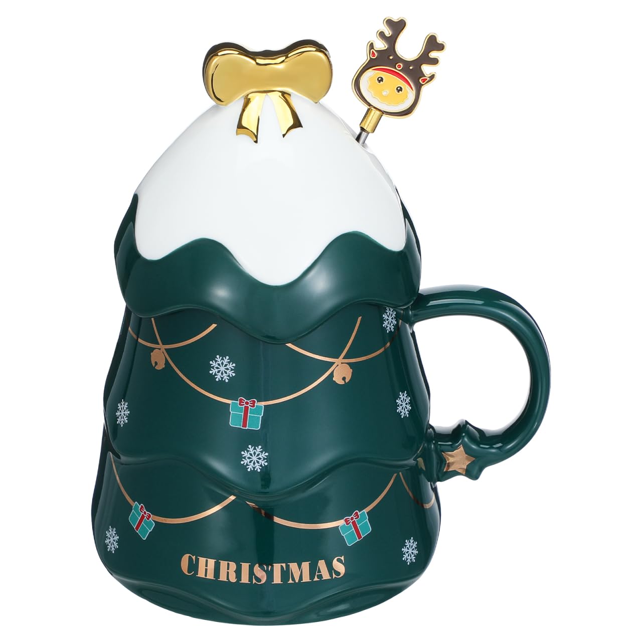 Angoily Christmas Coffee Mug with Lid, 500ml Large Capacity Christmas Cup Ceramic Tea Milk Cup Coffee Mug with Lid Spoon for Home Office and Camping，Green