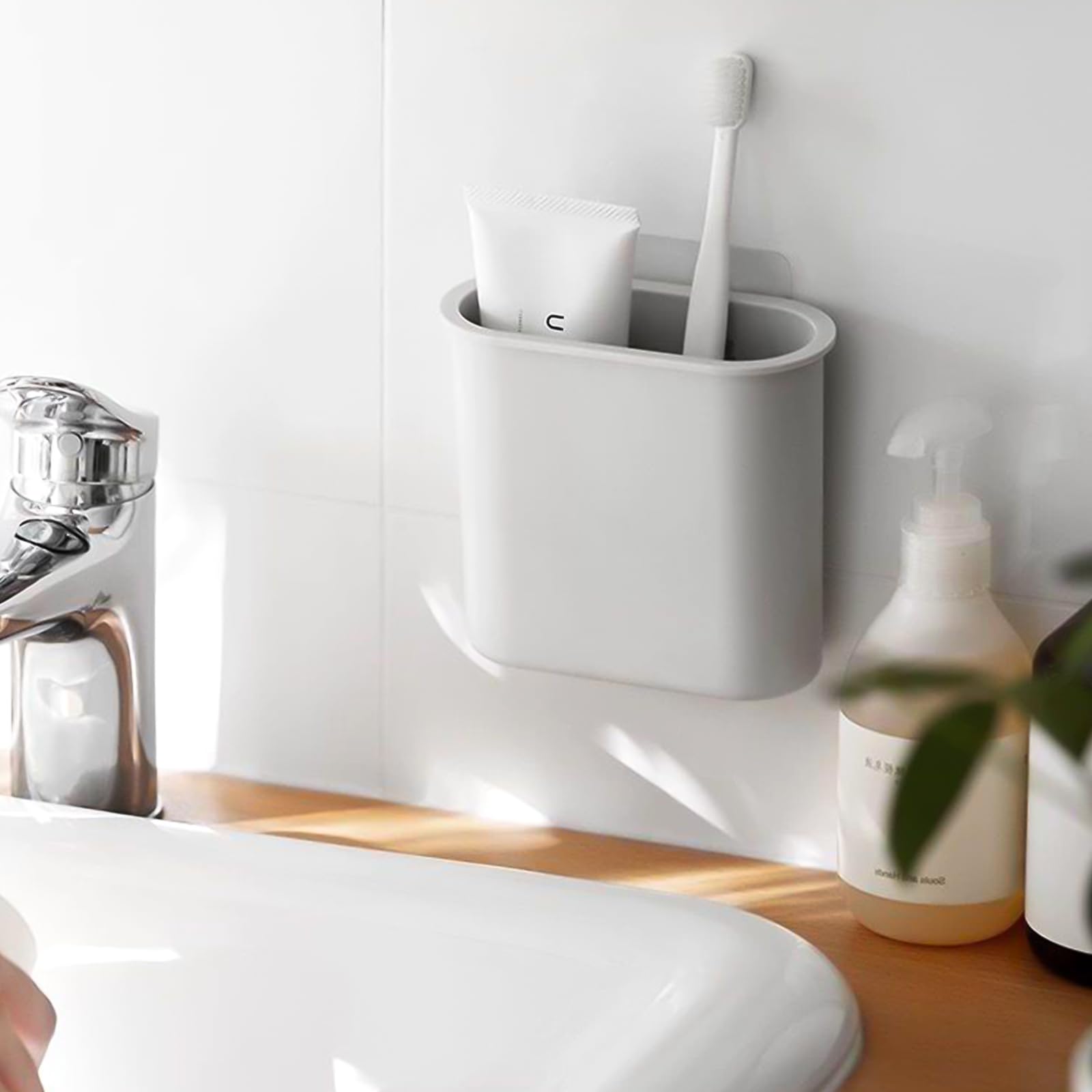 Wall Mount Toothbrush Holder - Stand for Bathroom, Wall Mounted Non Screw Holder, Grey