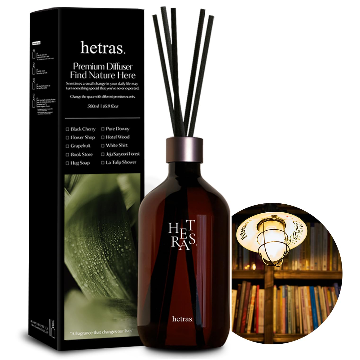 hetras. Premium Reed Diffuser 16.9 fl.oz | Book Store Scent | Fragrance Oil Diffuser & Sticks for Home & Office & Bathroom Decor - Gifts for Loved One
