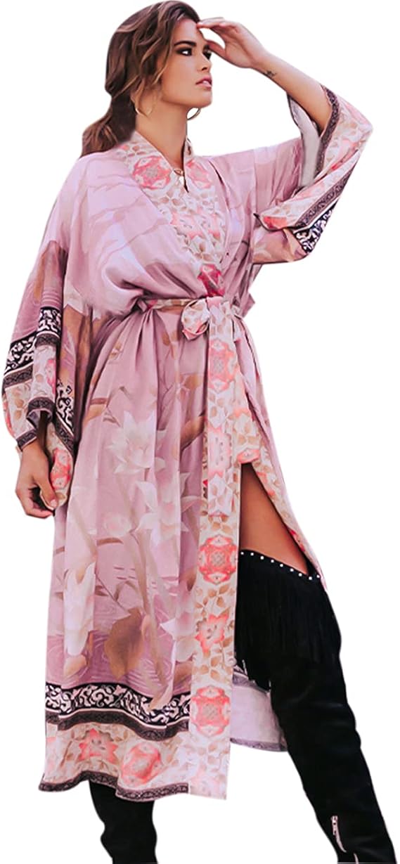 EDOLYNSA Women's Plus Size Beach Kimono Pink Beach Cover Up Beach Robe