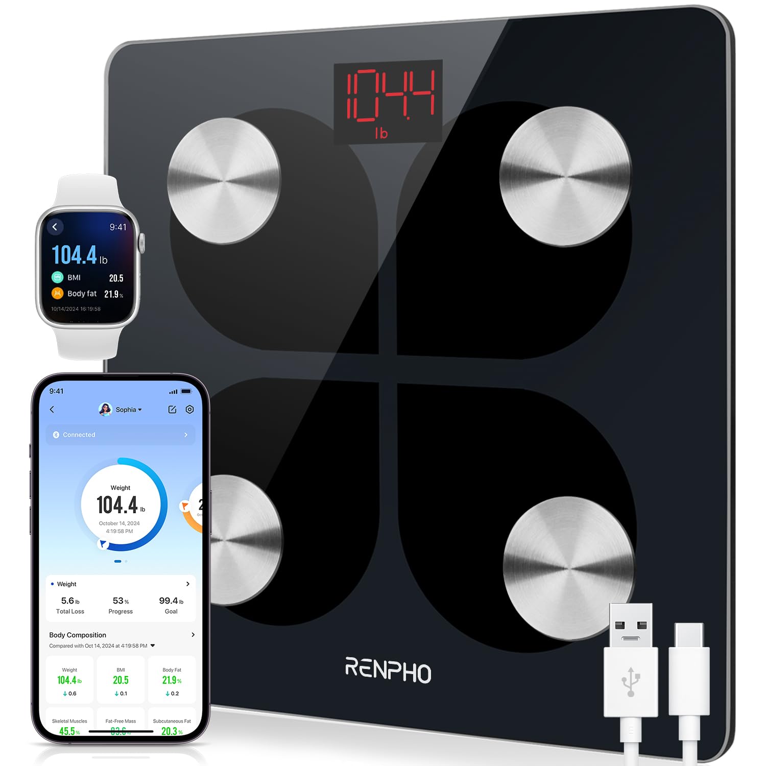 Photo 1 of RENPHO Rechargeable Smart Scale, Digital Weight Scale for Body Weight, Bathroom Scale with BMI and Body Fat, FSA HSA Eligible, Body Composition Monitor with Smartphone App, 396 lbs, Elis 1