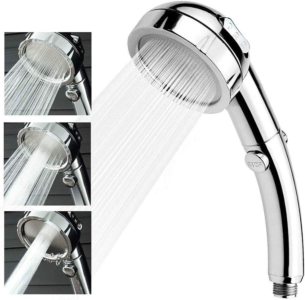 Shower Head, Joyguard Universal Handheld Shower with Pause Control Adjustable Button 3 Mode Function High Pressure Water Saving Showerhead for Massage - Chrome Finish