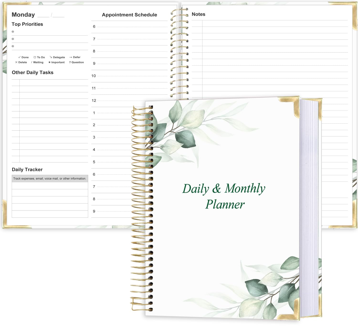 Photo 1 of Undated Daily Monthly Planner for 2026 or Anytime - A4 To Do List with Hourly Schedule, Hardcover Spiral Bound Daily Planner to Increase Focus, Stylish School/Office Supplies, 8.5" x 11", Green Leaf