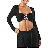Floerns Women's Metal Ring Long Sleeve Crop Top Cut Out Square Neck Slim Fit Shirt